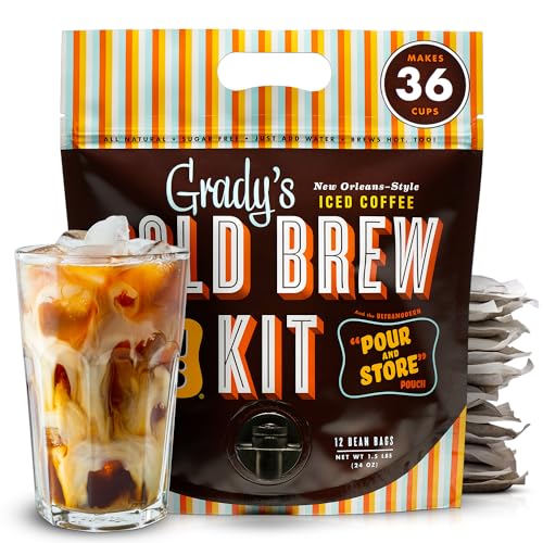 GRADY’S COLD BREW Coffee Pouches | New Orleans Style | 100% Arabica Ground Coffee & Chicory | All-in-One Cold Brew Kit with 12 Easy-to-Brew Beans Bags | Makes 36 drinks