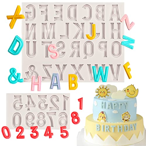 nklbio 26 Capital Letter Fondant Molds, Alphabet Number 0-9 Chocolate Cake Decorating Silicone Mold 2pcs Birthday Party Anniversary Valentine's Day Candy Sugar Craft Mousse Cookie Clay Resin