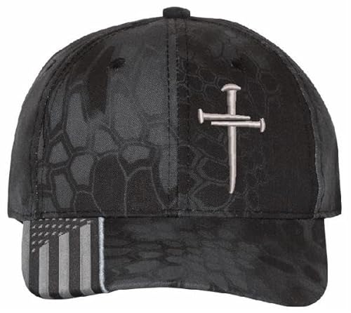 Christian Cross Baseball Cap, Religious 3 Nail Design, Typhoon CAMO HAT Jesus Christian Hat - Adjustable Buckle on Back and Small USA Flag on Back and USA Flag Brim. Free 4" Decal Also