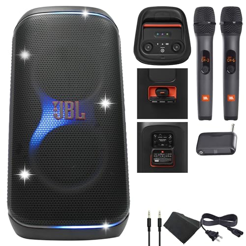 JBL PartyBox Club 120-160W Portable Wireless Splash Proof Speaker - 12 Hours of Playtime - Powerful Sound and deep bass + Wireless Two Microphone System with Receiver + AUX Cable + Microfiber Cloth