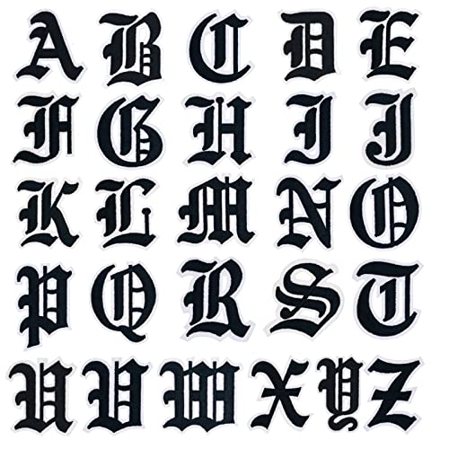 Gothic Iron on Old English Letter Patches A-Z 2" Black Embroidered Heat Transfer/Sew on Varsity Initial Vintage Alphabet Felt Letters Monogram Custom Name Patch for Clothing Letterman Jacket