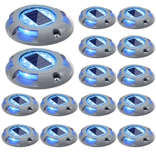 SIEDiNLAR Solar Deck Lights Driveway Dock Light LED Solar Powered Outdoor Waterproof Road Markers for Step Garden Sidewalk Stair Ground Pathway Yard 16 Pack (Blue)