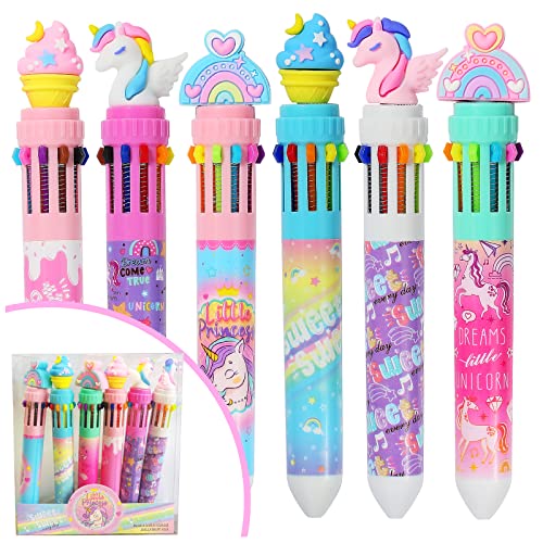 YOYTOO Multicolor Ballpoint Pen 0.7 mm, 10-in-1 Colored Pens Fine Point Retractable Cute Cartoon Unicorn Ballpoint Pens for Office School Students Kids Christmas Gift, 6 Pack