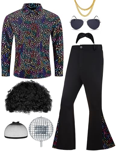 Lydoesy 70s Disco Outfit for Men 70s Costume with Retro Shirt Bell Bottom Pants Wig Sunglasses Necklace Mustache (Colorful, X-Large)
