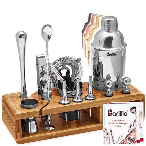 Barillio Bartender Kit - Stainless-Steel Cocktail Shaker Set w/Bamboo Stand - Mixology Bar Tools w/Drink Shaker, Mixer Spoon & Muddler for Cocktails - Home Bar Accessories - 23-Pc Bar Set - Silver