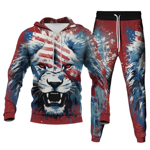 URVIP Unisex 3D Printed Novelty US-Flag Animal Hoodie Adult Two Pieces Tracksuits Sweatshirts Joggers Sweatpants Set Lion-01 L