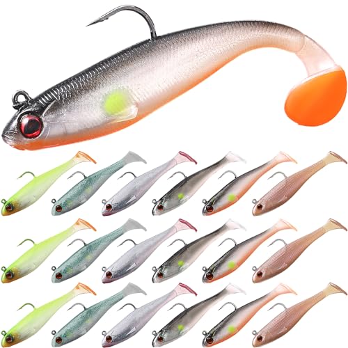Mimorou 18 Packs Soft Fishing Lures for Bass Fishing Pre-Rigged Jig Head Paddle Tail Swimbaits Bass Lures for Crappie Trout Walleye Saltwaterr Freshwater