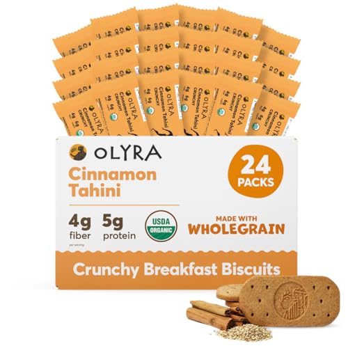 Olyra Breakfast Biscuits Cinnamon Tahini, Kids Healthy Snacks, Low Sugar, High Fiber, Plant-Based Protein Cookies, Organic Breakfast Cookies with Ancient Greek Grains, 24 Packs