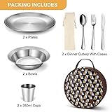 Odoland Camping Messware Kit, Stainless Steel Camping dinnerware, Camping Cooking Tableware, Camping Cutlery Organizer Utensil with Plates and Bowls Set for Backpacking, Hiking, Picnic.