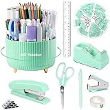 Green Office Supplies, Teal Desk Accessories 360°Pen Holder Desk Organizers and Accessories with Tape Dispenser, Stapler, Staple Remover, 1000 Staples, Tape, Clips Set, Ruler, Scissor, Pen
