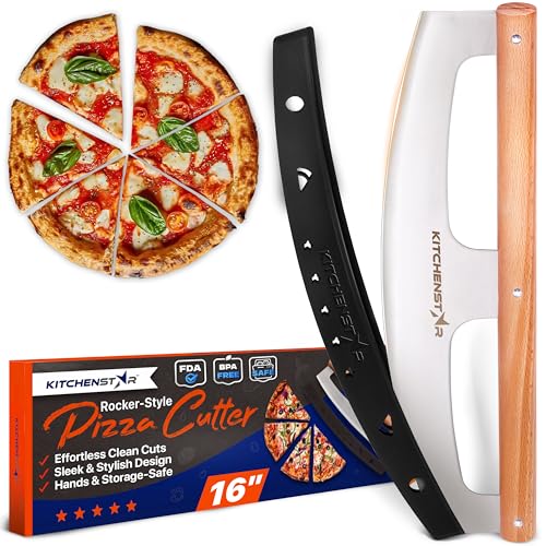 KitchenStar 16-Inch Pizza Cutter Rocker Blade - Razor Sharp Stainless Steel Slicer Knife, Stylish Beech Wood Handle, Protective Cover - Professional Pizza Oven Accessories, Silver