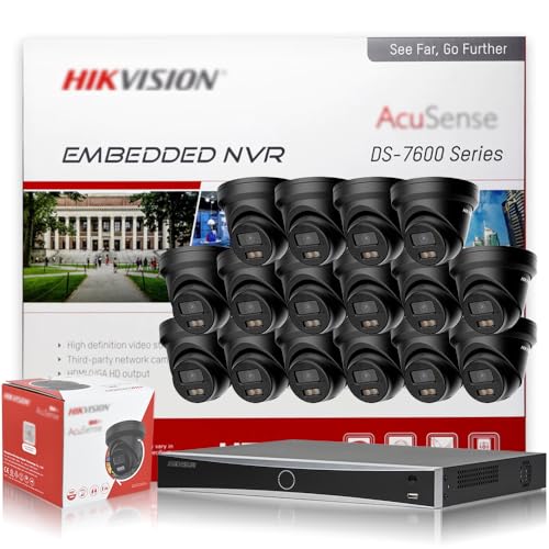HIKV IP Camera System Kit, DS-7616NXI-I2/16P/S 4K 16 Channel ACU-Sense PoE NVR, 16X DS-2CD2383G2-LI2U 8MP Black Dual Mic VCA IP Cam, Facial Recognition, AI Detection, Compatible for Hikvision(NO HDD)
