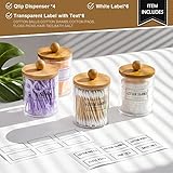 4 Pack Qtip Holder Dispenser with Bamboo Lids - 10 oz Clear Plastic Apothecary Jar Containers for Vanity Makeup Organizer Storage - Bathroom Accessories Set for Cotton Swab, Ball, Pads, Floss