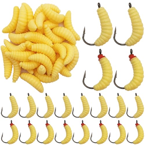 20 Pcs 22mm Rubber Maggots Fishing Bait with Hooks + 30 Pcs Soft Maggot Bait Bread Worm, Fishing Lures Worms Bulk Fishing Grubs for Trout, Crappie, Pan Fish, Bluegill, Fresh Water Fishing Lure Set