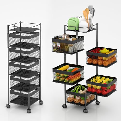 xinyourui Fruit and Vegetable Basket for Kitchen No Assembly， Rotating Kitchen Storage Rack,Bathroom Storage Shelf, Kitchen Organizers and Storage Cart on Rolling Wheels(Black, 5 Tier-Square)