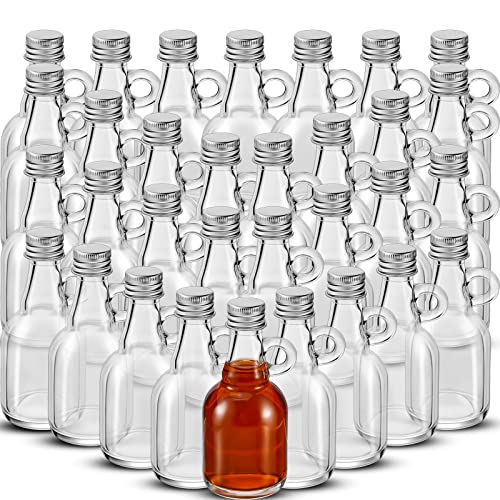 Suclain 32 Pcs 1.7oz Glass Syrup Bottles with Aluminum Lids and Loop Handle Clear Glass Reusable Maple Syrup Jars Container Stout Sample Bottles for Potion Juice Milk Storage Sauce Oil