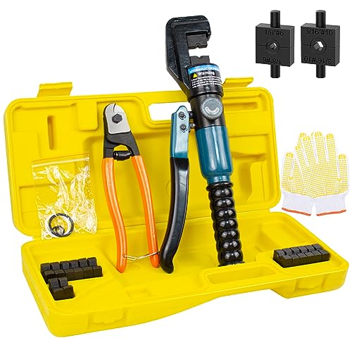 BLIKA 10 Ton Hydraulic Crimping Tool and Cable Cutter, Hydraulic Wire Battery Cable Lug Terminal Crimper Crimping Tool with 11 Dies, Wire Swaging Tool for 1/8" to 3/16" Cable Railing Hardware