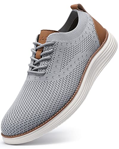 VILOCY Men's Casual Dress Sneakers Oxfords Business Shoes Lace Up Lightweight Comfortable Breathable Walking Knit Mesh Fashion Sneakers Tennis Light Grey,EU43