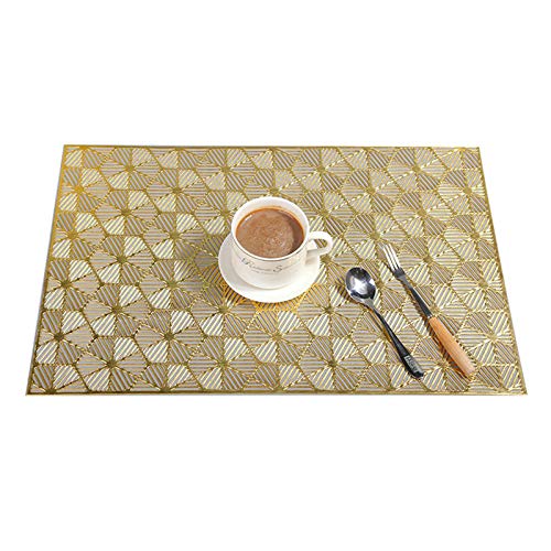 Daesar Personalised Place Mat Set of 6, PVC Placemats Hollow Hexagon Pattern Table Placemats Christmas Gold 18x12 Inch