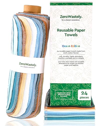 ZeroWastely Reusable Paper Towels - Value Pack of 24 Paperless Paper Towels! - 100% Cotton, Super Soft, Absorbent, Washable and Made to Last - Cut Back and Waste Less with Our Cloth Paper Towels