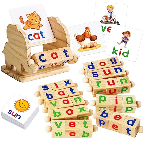 ShyLizard Montessori Learning and Educational Toys Gifts for Kids 3 4 5 Years, Wooden Reading Blocks Toys, Learning Activities for Preschool Kindergarten, Turning Rotating Matching Flash Card Games