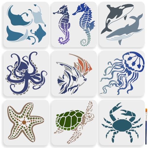 MAYJOYDIY 9pcs Sea Ocean Creatures Stencils 7.8×7.8inch/20×20cm Ocean Animal Painting Stencils with Paint Brush Summer Seahorse Jellyfish Octopus Turtle Template for Canvas Fabric Wall DIY Craft