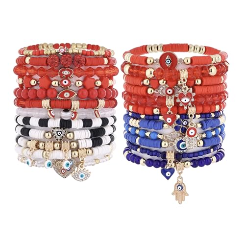 Taouzi Evil Eye Bracelets for Women Bulk Handmade Stretch Surfer Heishi Friendship Lucky Bracelets Set Evil Eye Jewelry for Women 24Pcs