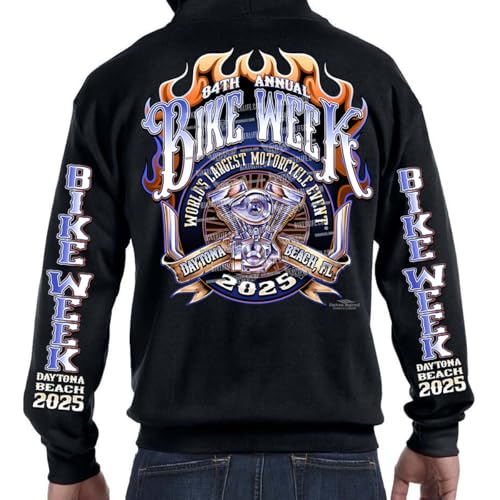 Biker Life Clothing 2025 Bike Week Daytona Beach Official Logo Zip-Up Hoodie(4XL, Black)