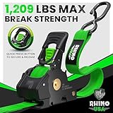 Rhino USA Retractable Ratchet Straps (4-Pack) - 1 Inch x 10 Feet (1,209lb Break Strength) - Heavy Duty Auto Self Retracting Tie Down Straps for Truck, Cargo Trailer, Motorcycle, Rad & More - Green