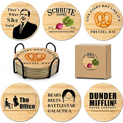 HSSPIRITZ 6 PCS The Office Cork Coasters for Drinks,The Office TV Show Merchandise,Funny Coasters Set with Coaster Holder,Dunder Mifflin Kitchen Decor,The Office TV Themed Coasters Gifts for Fans