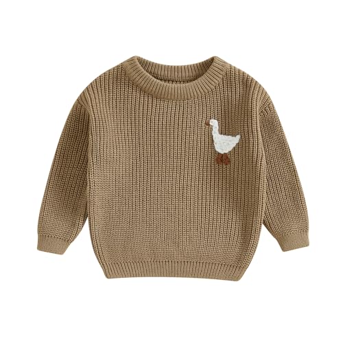 Infant Baby Boy Girl Knit Sweater Goose Embroidery Crew Neck Long Sleeve Pullover Knitted Shirt Fall Winter Clothes (Khaki, 9-12 Months)