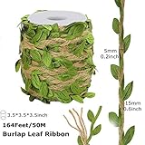 Burlap Leaf Ribbon, Ariskey 164Feet/50Meters Natural Jute Twine with Green Leaves for Wedding Packing and Garden Decoration Twine