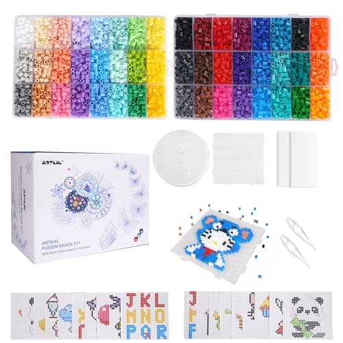 Artkal Fuse Beads Kit 9600pcs Melty Beads with 100 Patterns 4 Pegboards 2 Tweezers 2 Ironing Paper, Compatible Perler Beads Hama Beads, 5mm Iron Beads Kit for Art Crafts