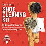 RED MOOSE 3pc Shoe Shine Kit - Shoe Brush and Cleaning Cloth Set - [2] Premium Horsehair Cleaning Brushes and X-Large Buffing Cloth - Leather Polish and Care Set for Shoes and Boots