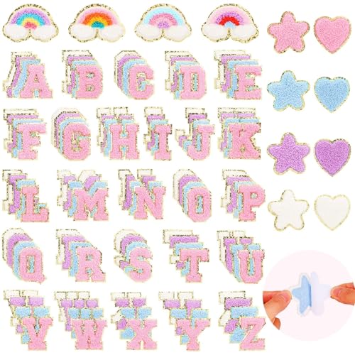 116PCS Self-Adhesive Chenille Letters Patches: Cute Alphabet Rainbow Love Heart Star Patches for DIY Clothing Varsity Letter Patches for Backpacks Hats, Bags, Jackets