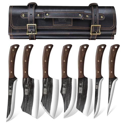 HOSHANHO Butcher Knife Set, Hand Forged Butcher Chef Knife Set with Roll Bag, Sharp Kitchen Knife Set of Meat Cleaver Knife Bone Chopper Knife Fillet Knife Set for Home & Camping & BBQ Gift for Men