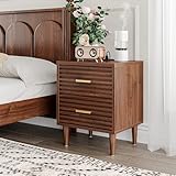 Whalefall Night Stands with Charging Station Set of 2, Mid Century Modern Nightstand, Fluted Bedside Table with Drawer, End Table Bed Side Tables for Bedroom, Accent Tables with Wood Legs, Brown 2pcs