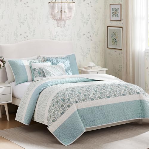 Madison Park 100% Cotton Quilt Set Floral Print, Double Sided Stitching, All Season, Lightweight Coverlet Shabby Chic Bedding Layer, Matching Shams, King/Cal King, Light Teal 6 Piece , Aqua