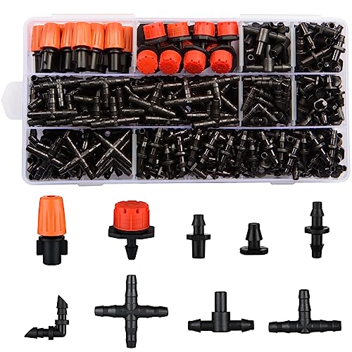 300Pcs Drip Irrigation Fittings Kit for 1/4" Tubing, Drip Line Connectors for Drip Systems- Drip Emitters, Nozzles, Nozzle Tees, Single barbs, 4-Way Connectors, End Plugs, Elbows, Tees, Couplings