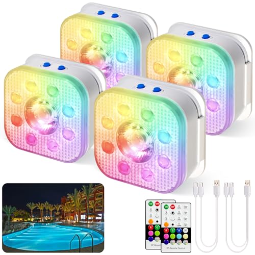HL Pool Lights,Rechargeable Submersible LED Lights with Remote,Waterproof Magnetic Floating Light,Underwater Battery Spotlight for Above Ground/Inground Swimming Pools,Hot Tubs,Fountains-4 Pack