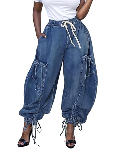 Baczoe Plus Size Wide Leg Jeans for Curvy Women Cargo Oversized Wide Leg High Rise Denim Joggers with Bow (Blue, XL)