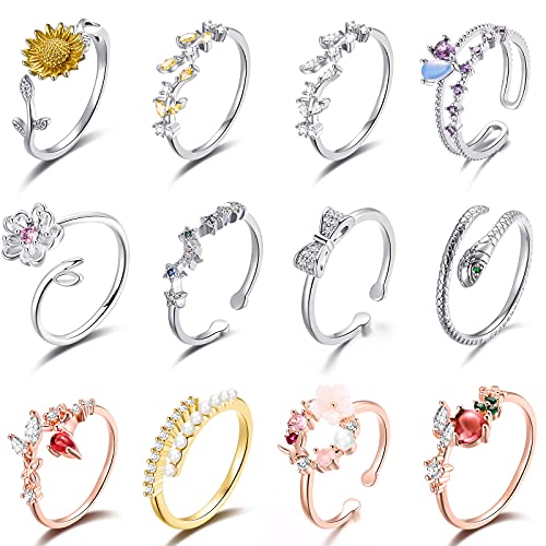 12 Pcs Rose Gold Rings for Women Knuckle Rings Set - Engagement Rings for Women - Cubic Zirconia Rings for Teen Girls - Stackable Rings for Women Finger Rings- Pack of Silver Rings for Teen Girls