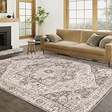 PureCozy Vintage Area Rug 8x10 Brown Washable Living Room Kitchen Indoor Carpet Non Slip Bedroom Traditional Medallion Distressed Retro Low Pile Accent Throw Large Rug Office Dining