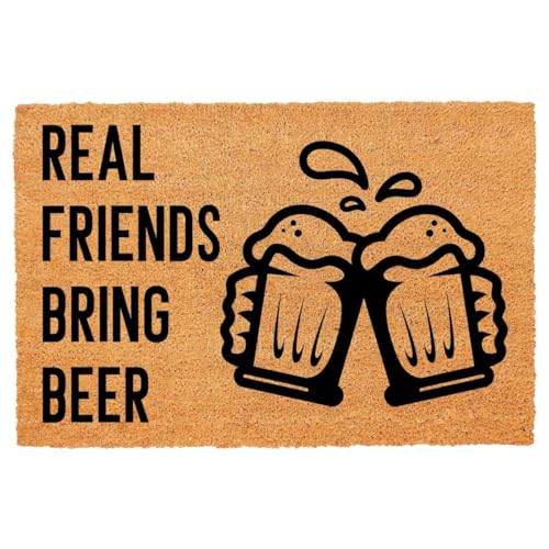 Funny Coir Doormat Real Friends Bring Beer Front Door Entryway Outdoor Mat with Heavy Duty Front Porch Decor Patio Rugs Welcome Mats Entry Natural Coconut Brown Mat Novelty Gift Mat 23.7 x 15.7 inch