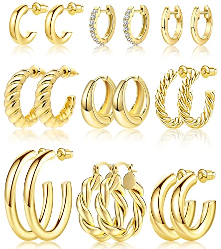 Adoyi Gold Hoop Earrings Set for Women Girls Trendy 14K Plated Gold Hoops Small Chunky Earrings Twisted Huggie Ear ring Pack Lightweight 9 Pairs Jewelry Set for Valentines Mother's Day Birthday Gifts