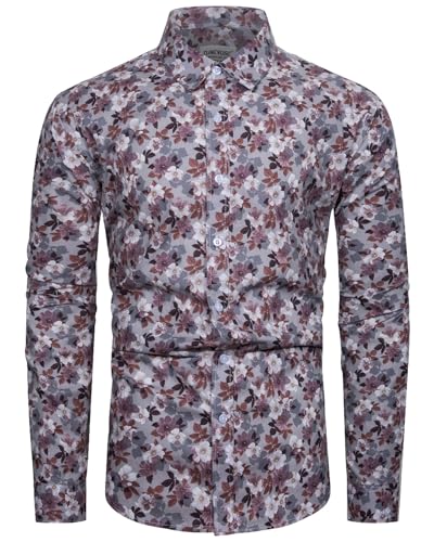 TUNEVUSE Mens Long Sleeve Floral Dress Shirt Flower Pattern Print Button Down Shirts Cotton Gray Large