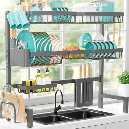 Sakugi Dish Drying Rack Over The Sink - XX-Large Capacity Stainless Steel Dish Drainer, Multifunctional Kitchen Organizer, Gray, 12" D x 31.5"~39.5''W x 30.5" H