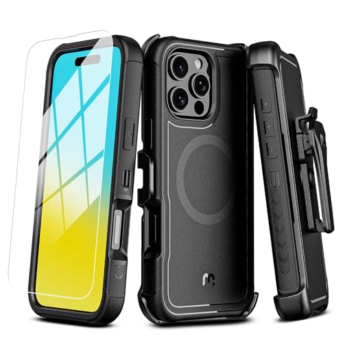 M MYBAT PRO Maverick Series iPhone 16 Pro Max Case with Belt Clip Holster,[Compatible with Magsafe] w/Screen Protector,Anti-Drop,Shockproof,with 360°Rotating Kickstand,Heavy Duty Protection Black