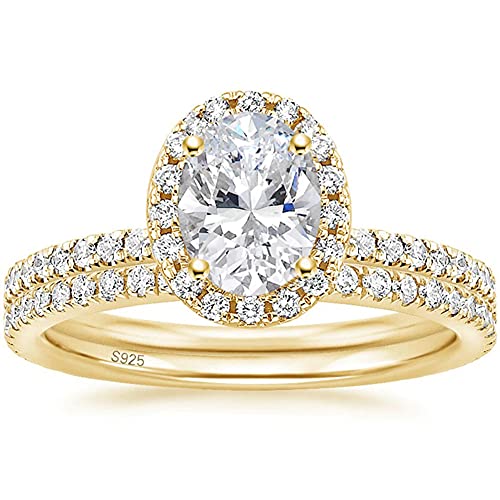 EAMTI 1.5CT 925 Sterling Silver Cubic Zirconia Bridal Rings Sets Yellow Gold Oval Cut CZ Engagement Rings Wedding Band for Women Size 7