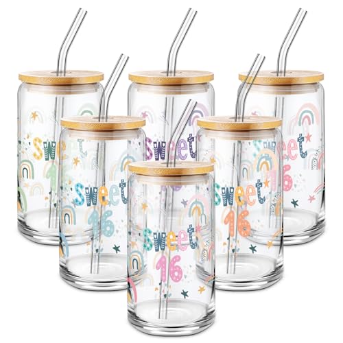 Lallisa 6 Pack Sweet 16 Gifts for Girls Drinking Glasses with Lids and Straw 16th Birthday Decorations Clear Sweet 16 Coffee Glass Cup for Christmas Gifts Daughter Niece Party Supplies(Rainbow)